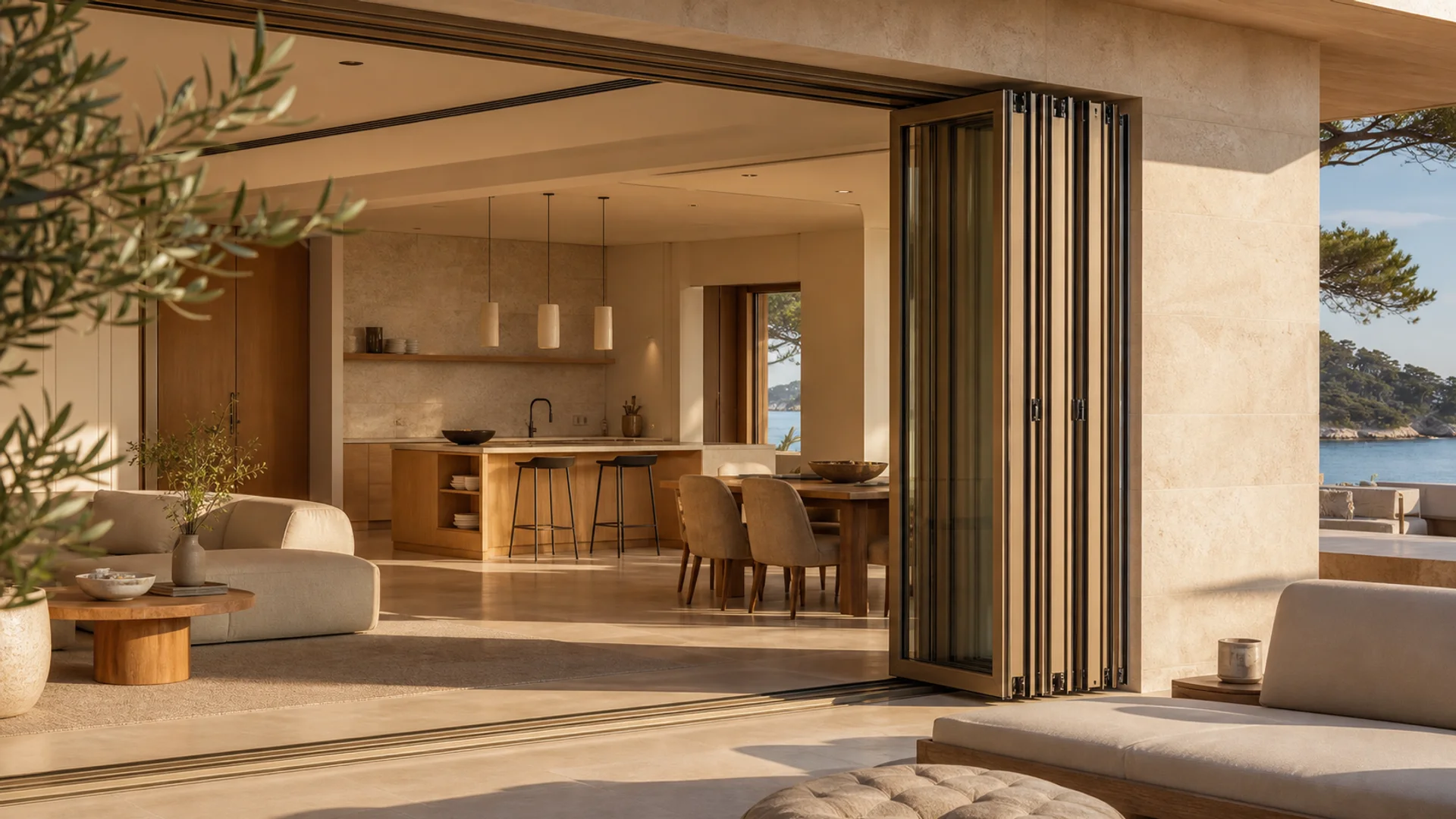 Champagne bronze LIKI 140 folding glass wall partially opened at a warm contemporary coastal residence