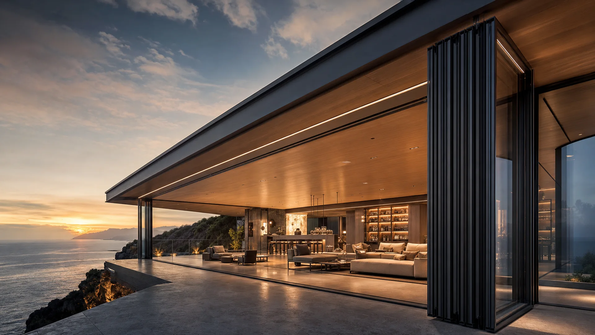 Matte black LIKI 145 folding glass wall creating a monumental cliffside architectural pavilion opening