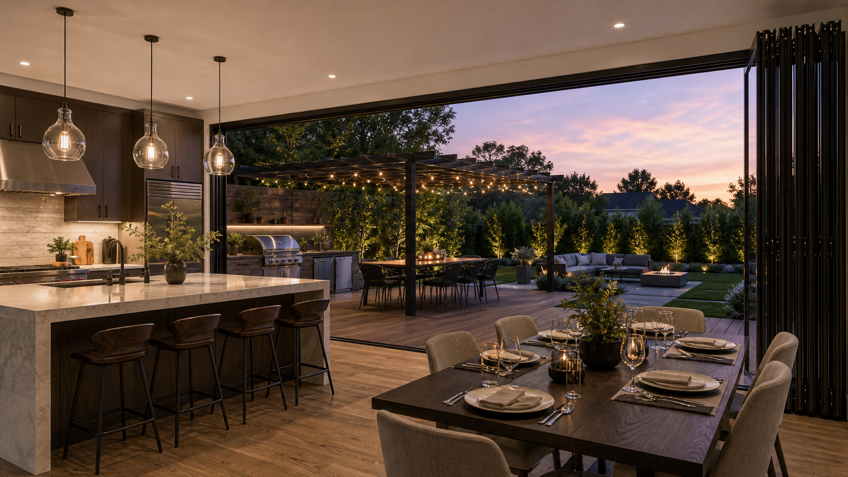 Modern kitchen and dining area connected to backyard deck with folding glass wall