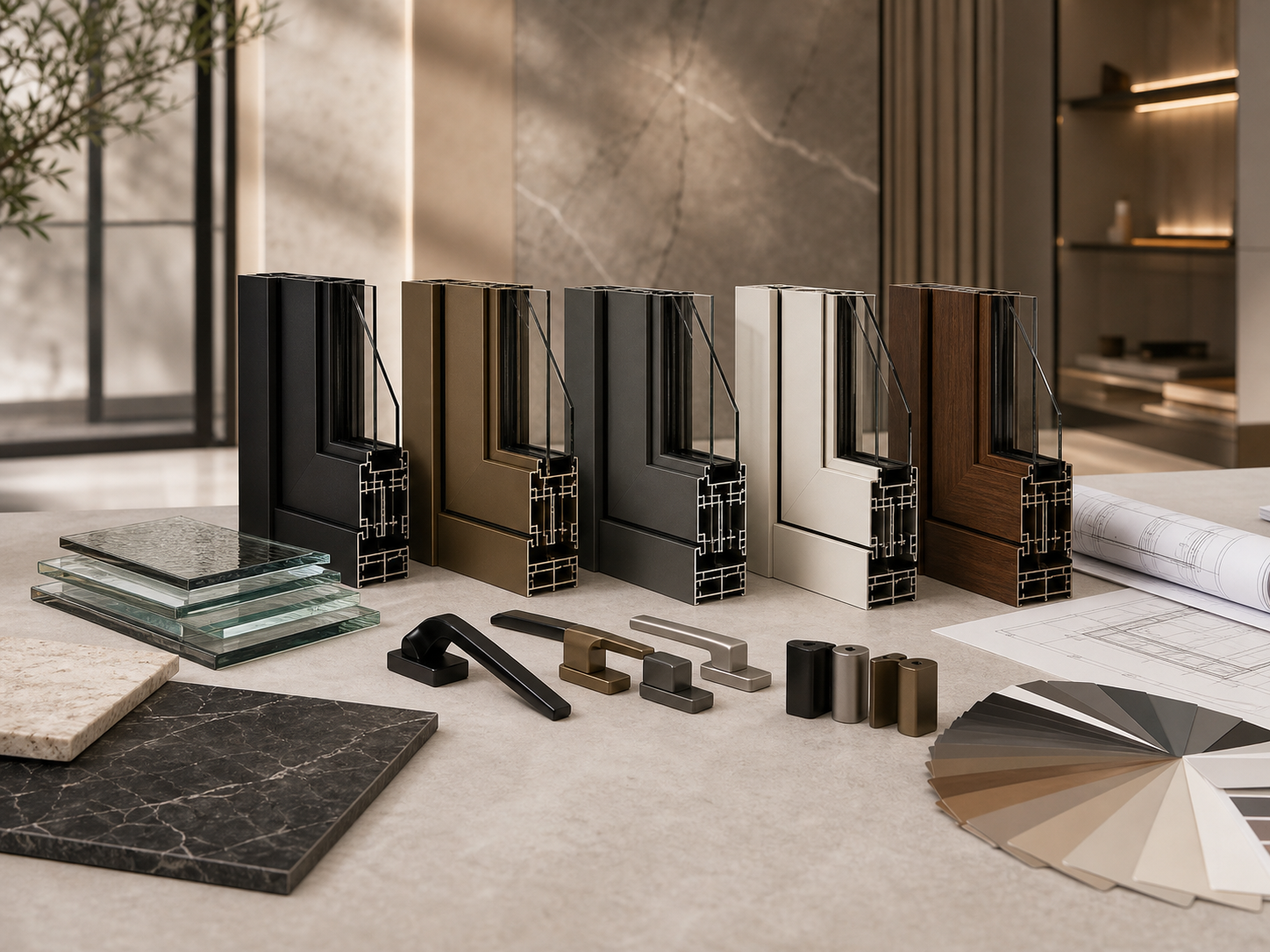 Custom aluminum profile colors and hardware samples for folding glass walls