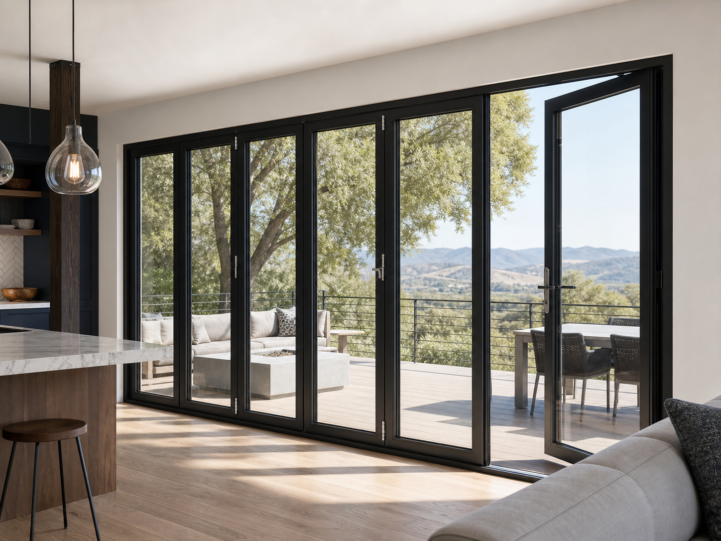 Daily access swing door integrated into aluminum folding glass wall