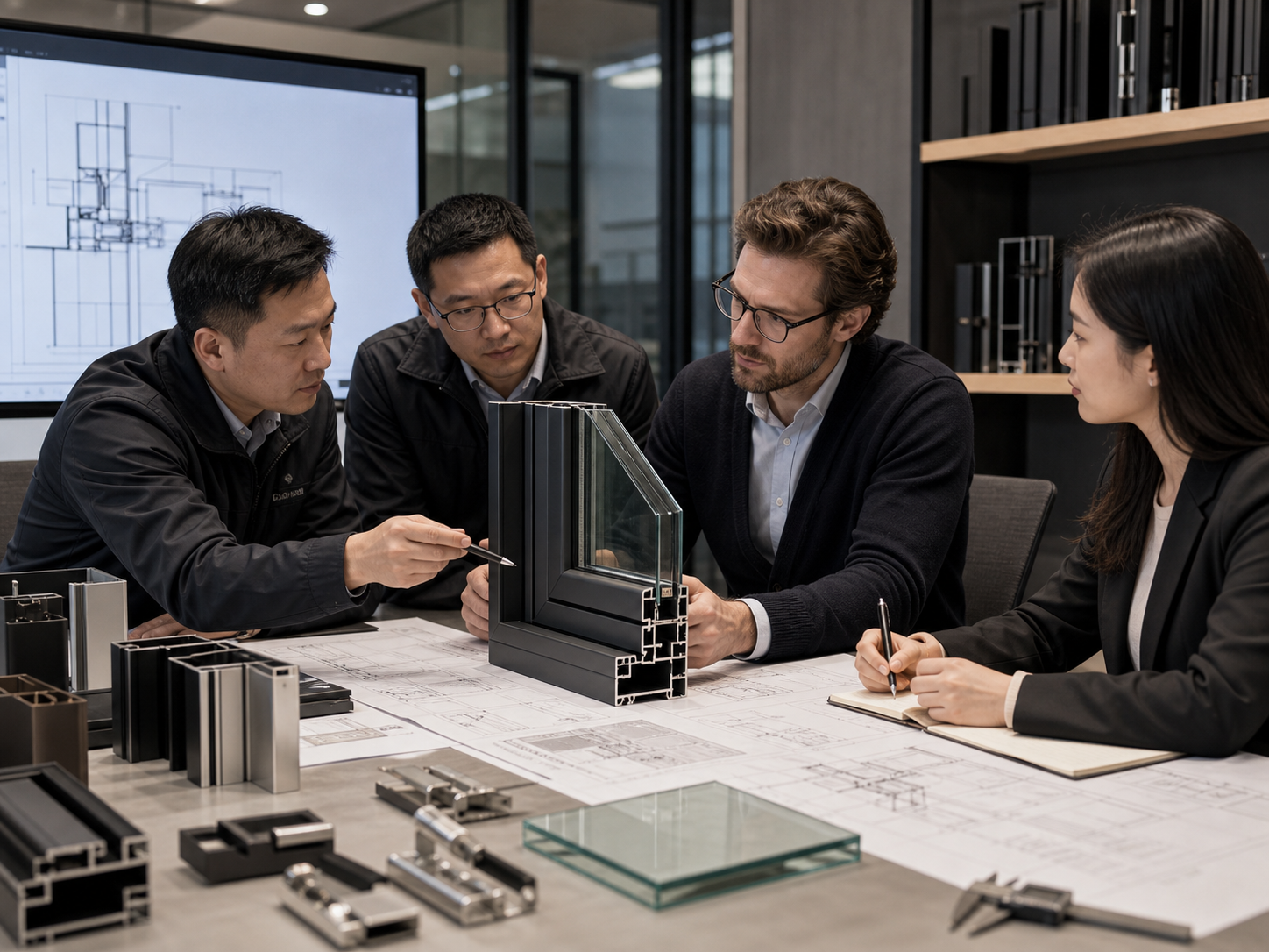 Engineering team reviewing thermal break folding door profile samples
