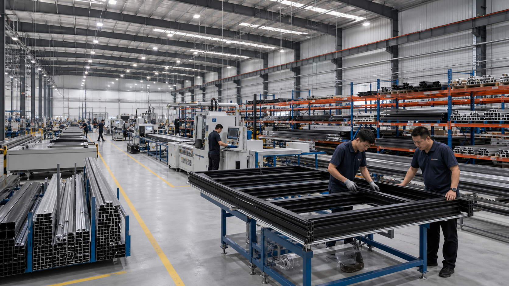 Aluminum folding glass wall manufacturing facility with CNC production line