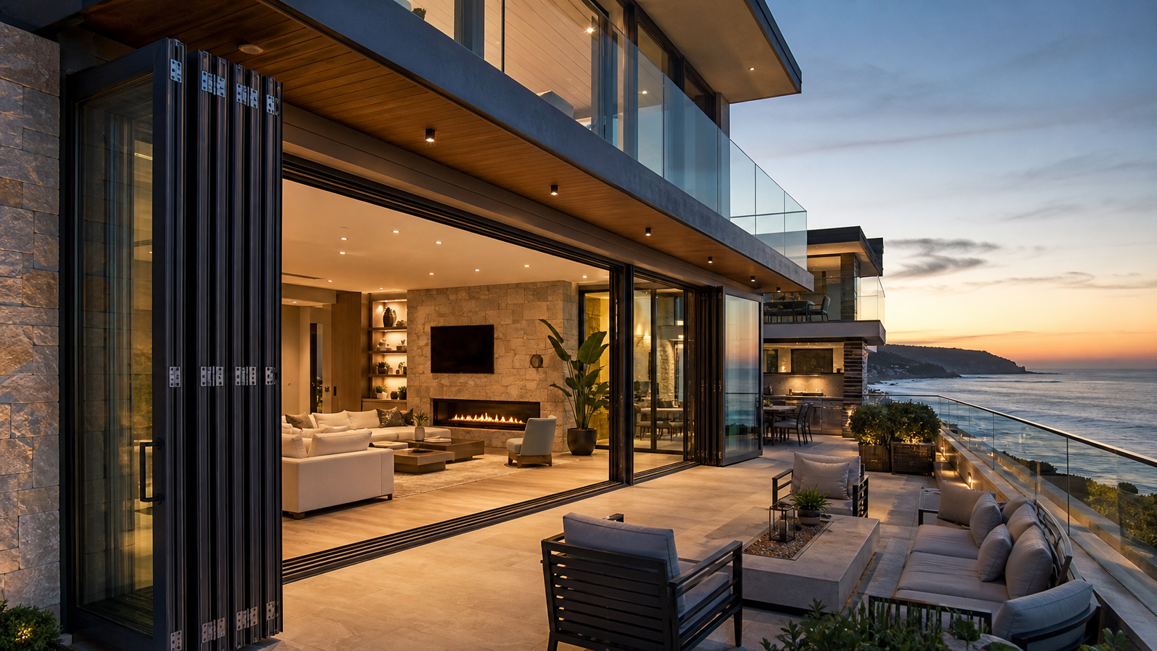 Luxury coastal villa with fully opened folding glass walls