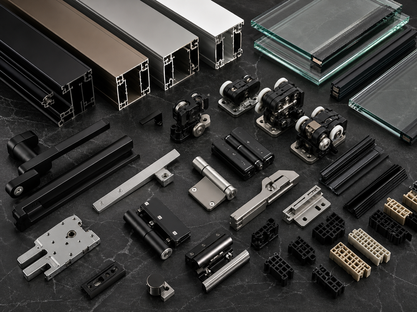 Premium hardware and thermal break materials for folding glass walls