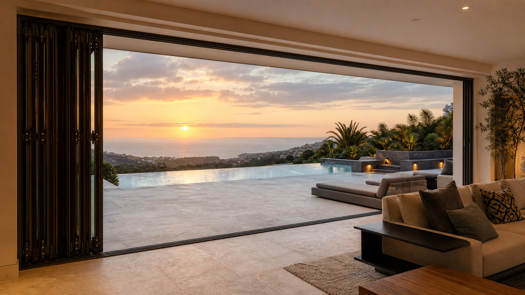 LIKI 125HFD heavy-duty folding glass wall fully opened in a luxury North American villa