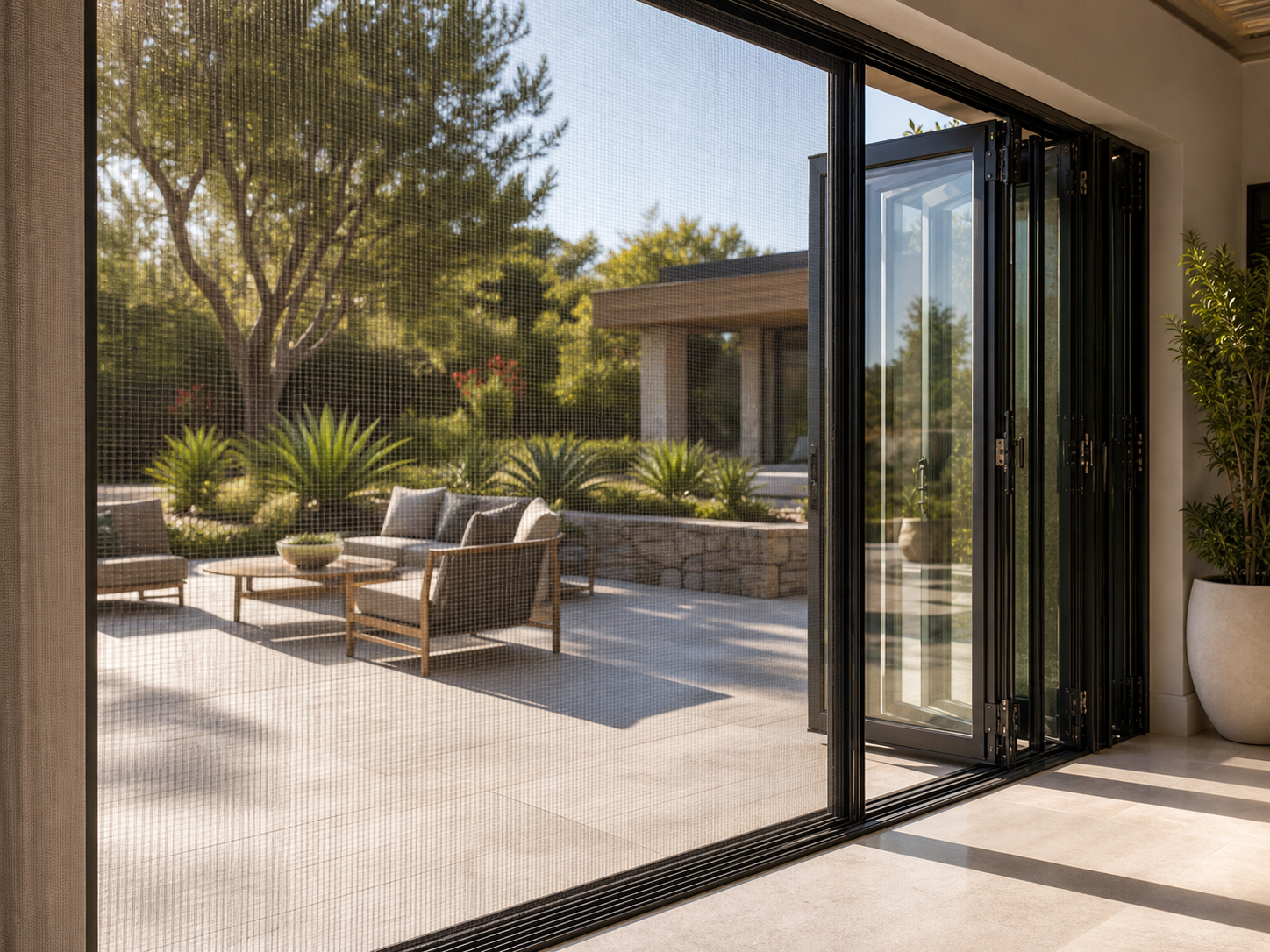 Integrated retractable insect screen for folding glass wall system