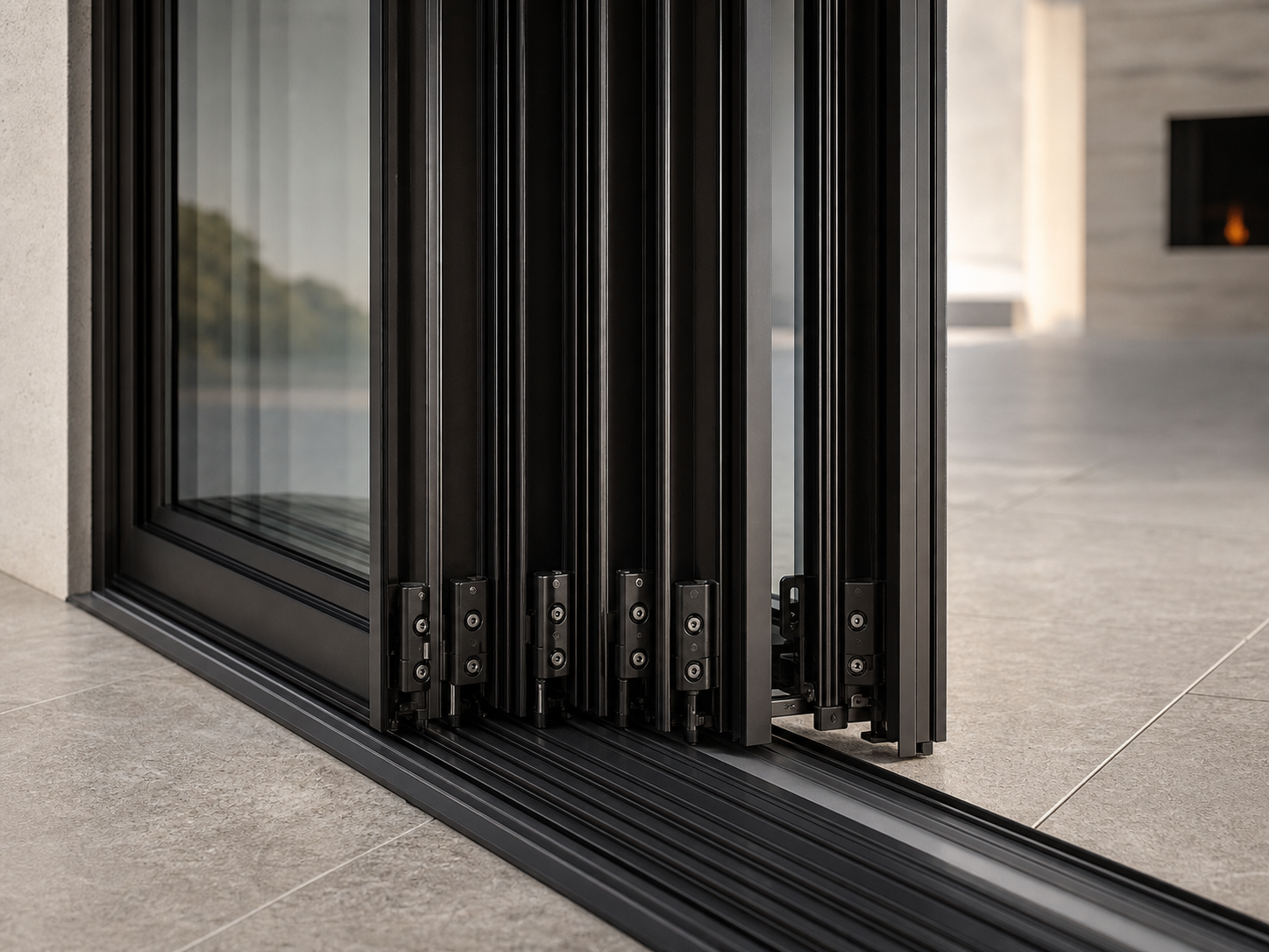Close-up detail of heavy-duty aluminum folding glass wall profiles, hinges, and threshold