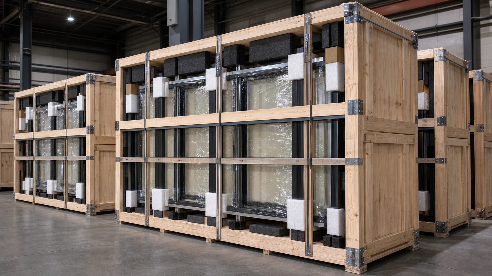 Export packaging for large aluminum folding glass wall panels