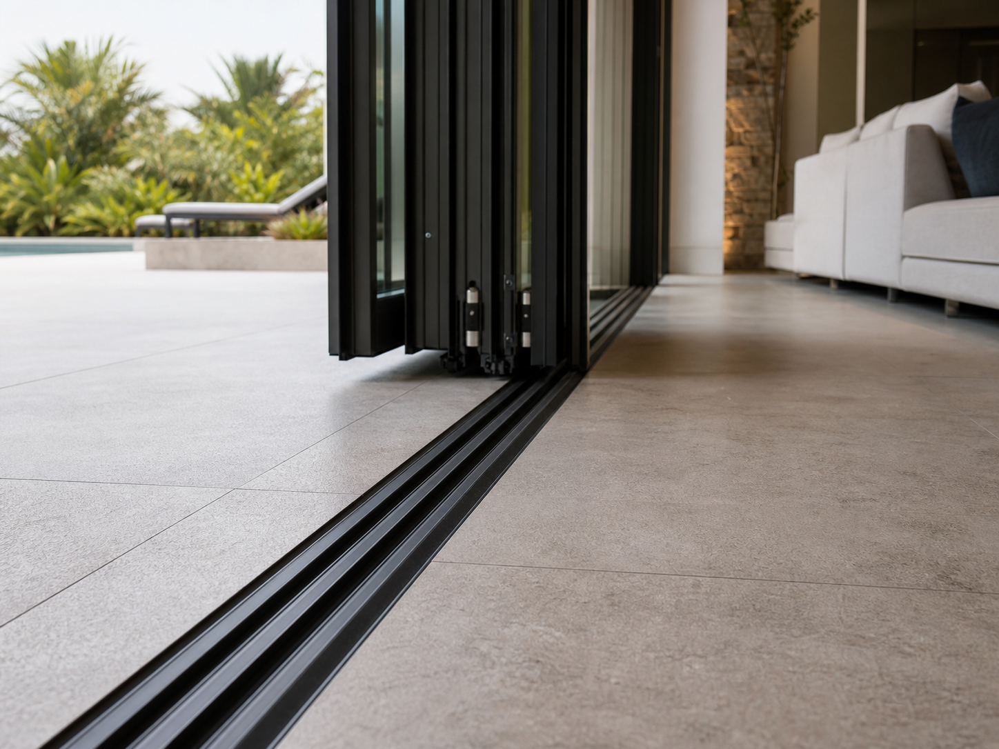 Flush threshold track detail for aluminum folding glass wall system