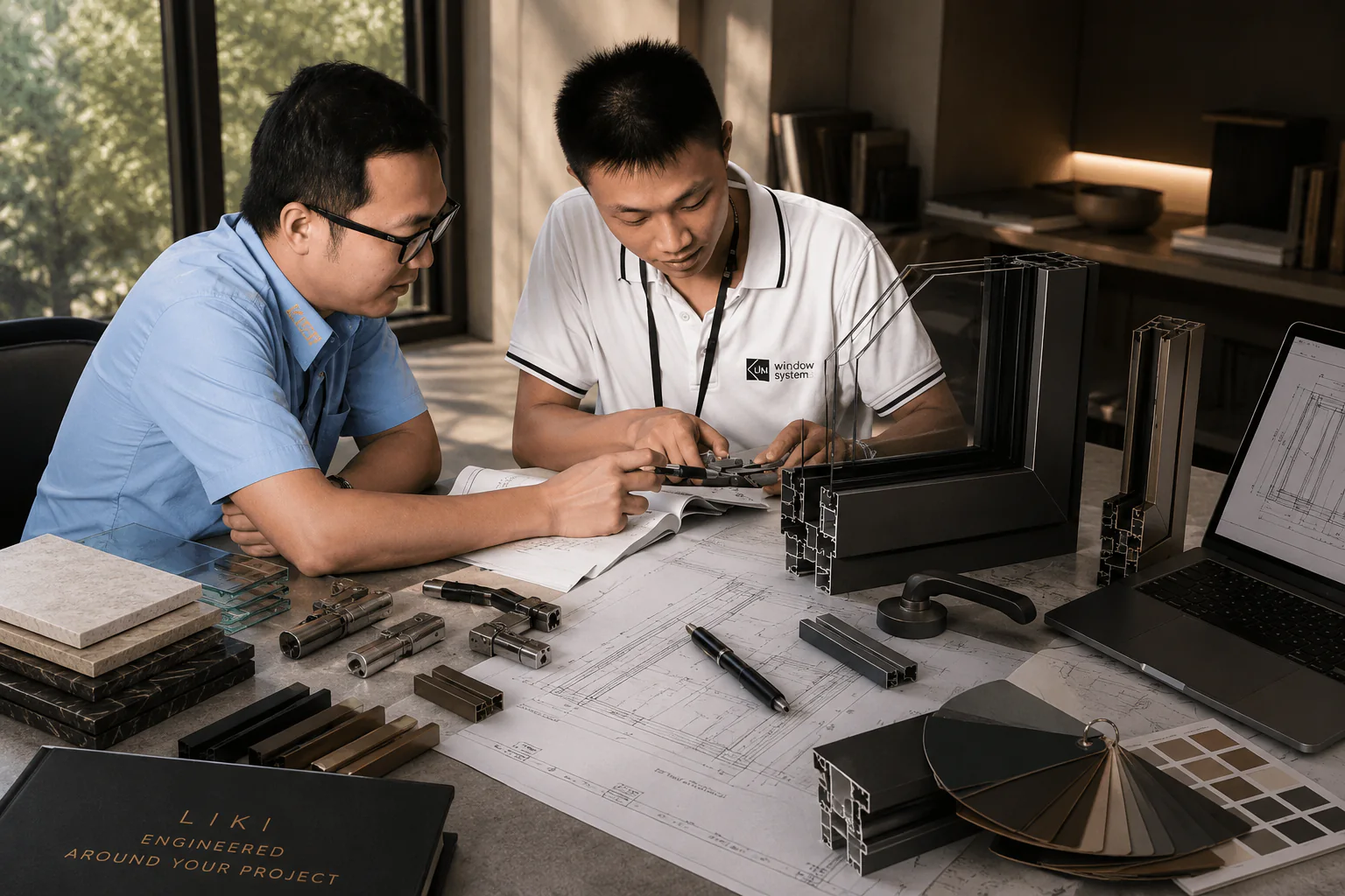 LIKI engineers reviewing opening drawings, hardware, glass, aluminum profiles, finish samples, and project details