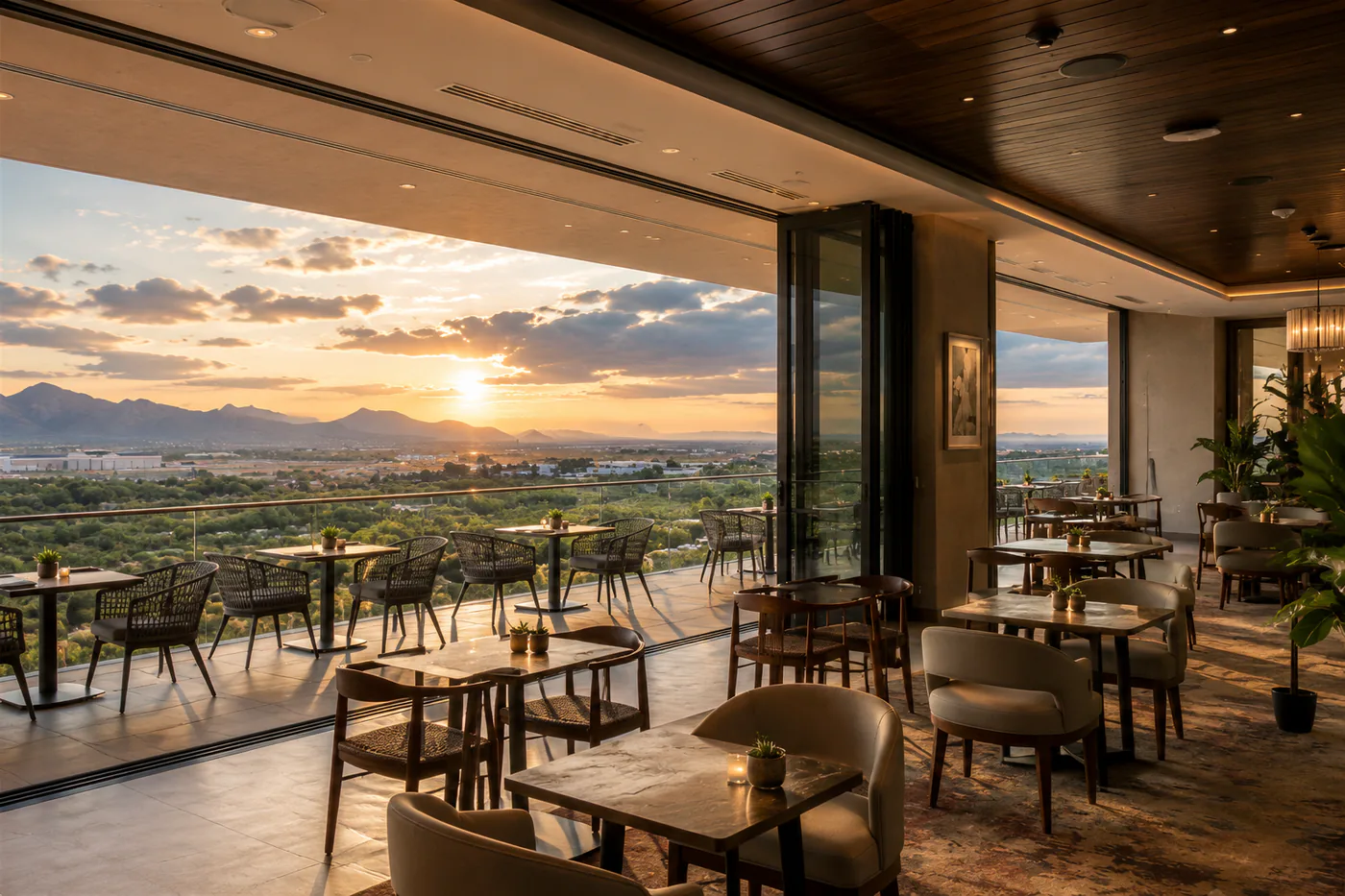 California hospitality lounge with panoramic LIKI folding glass wall openings