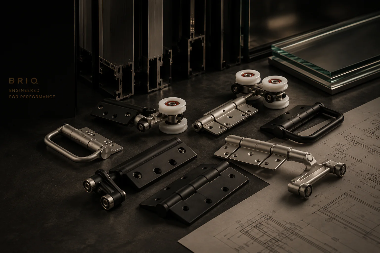 BRIO folding door hardware, aluminum profiles, tempered glass, and architectural drawings arranged as an engineering system