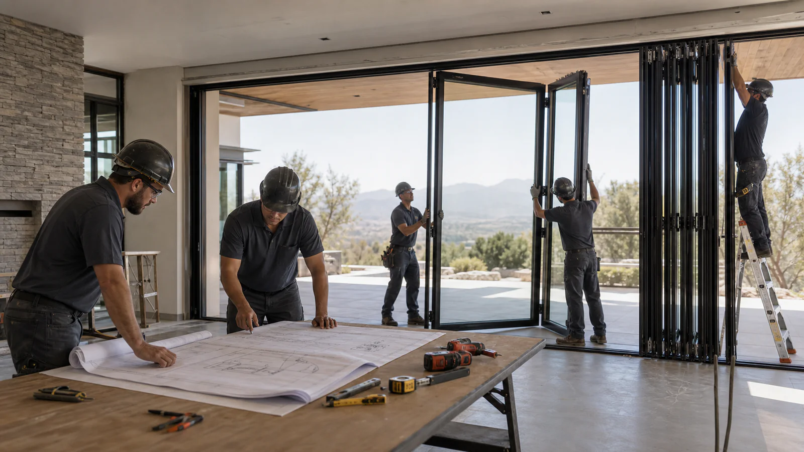 Builder installation of custom aluminum folding glass wall on luxury job site