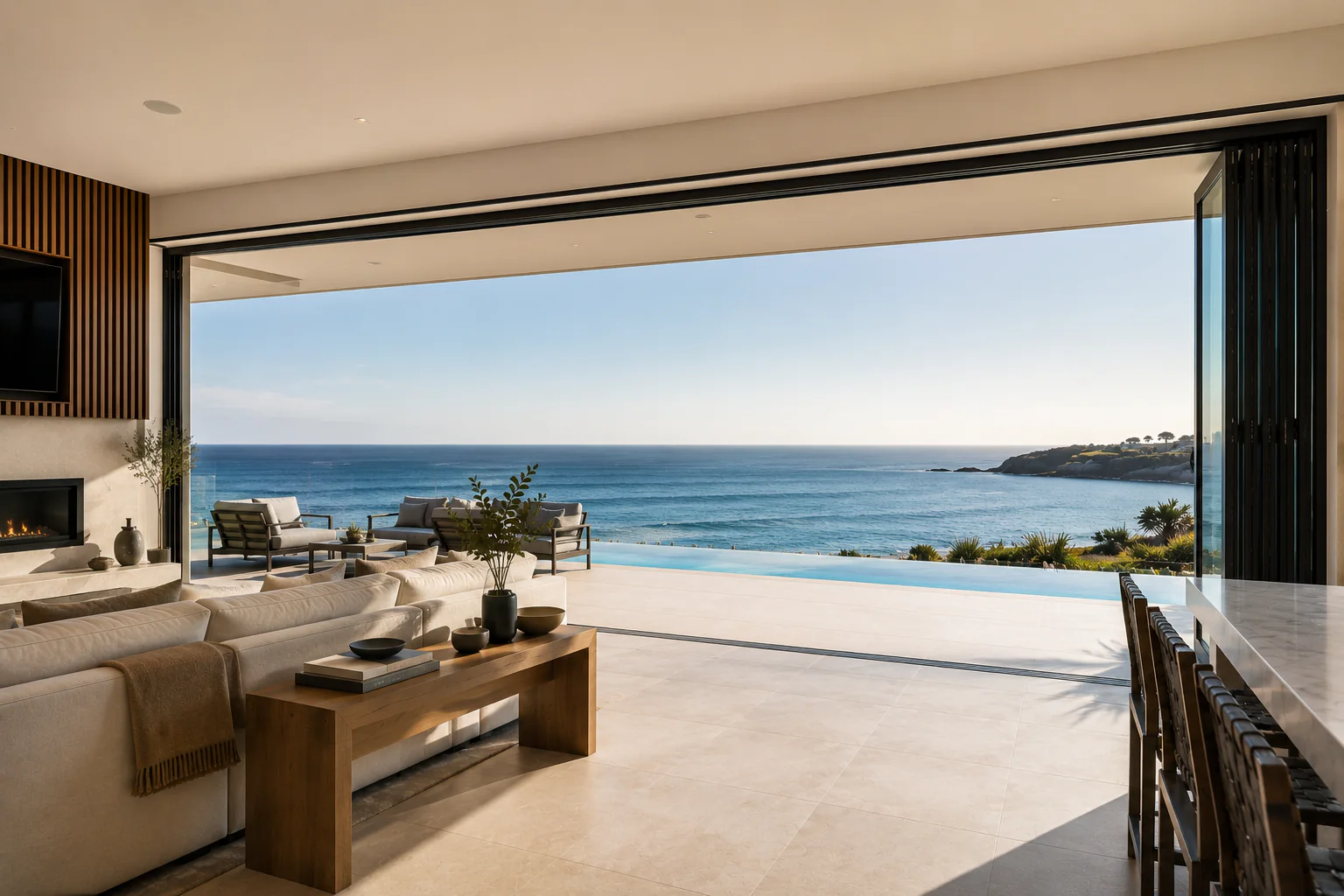 LIKI folding system fully open, transforming the living space toward the coastal view
