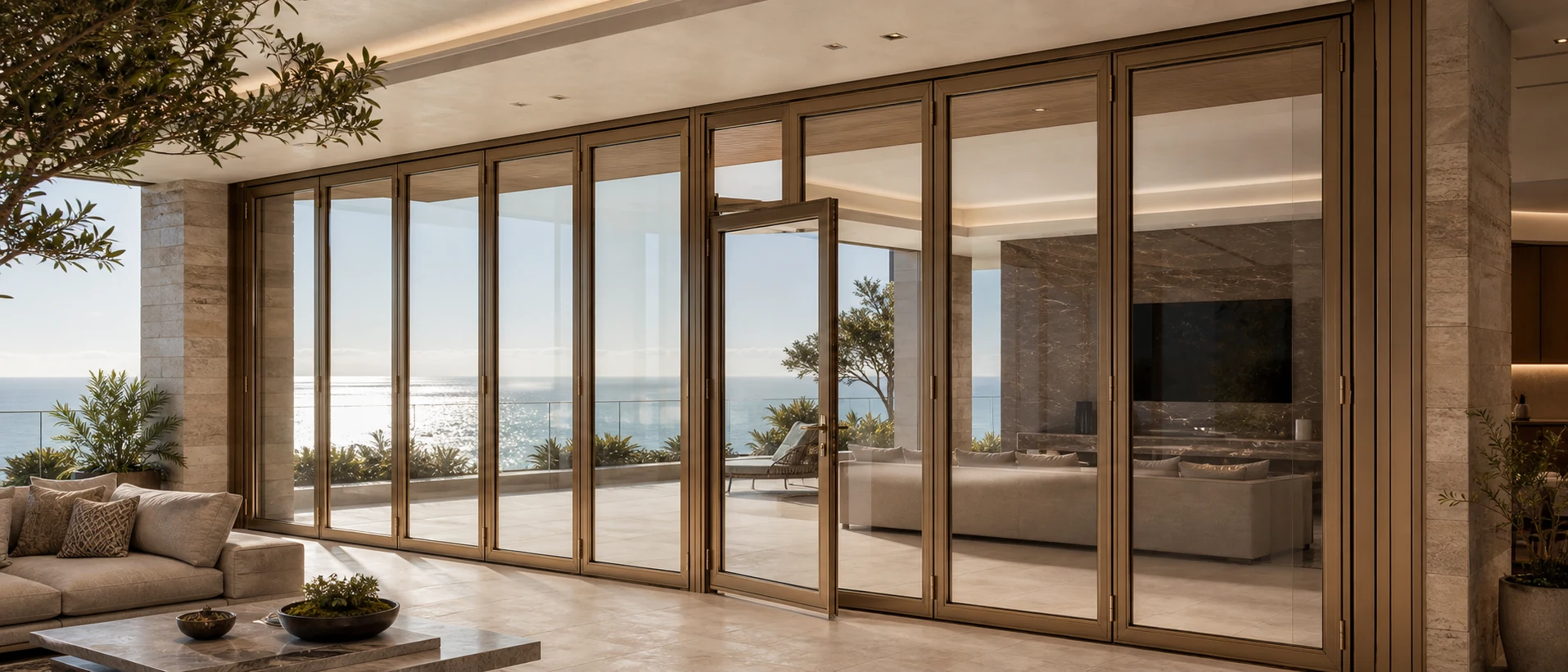Champagne bronze LIKI folding glass wall with dedicated daily access panel open