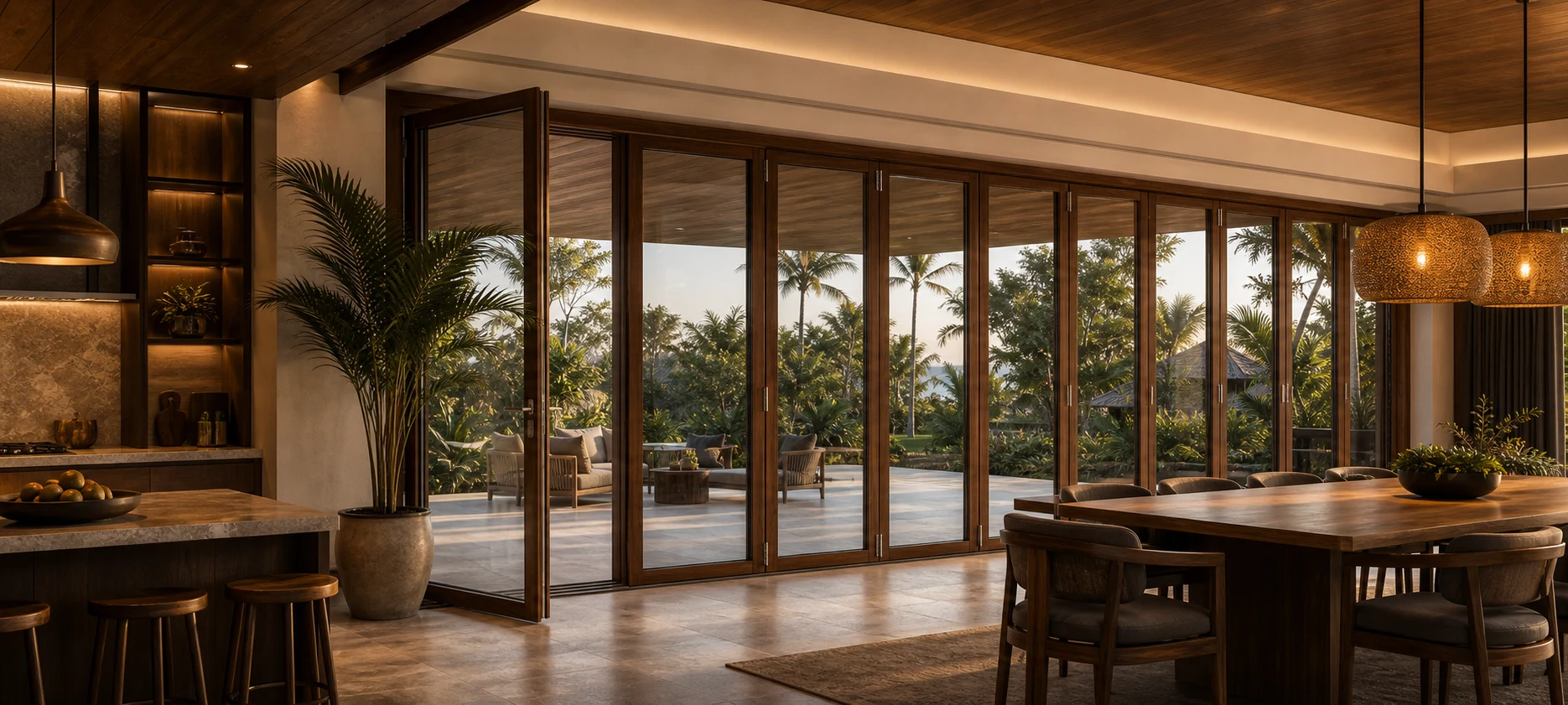 Wood-finish LIKI folding glass wall with single daily access panel open