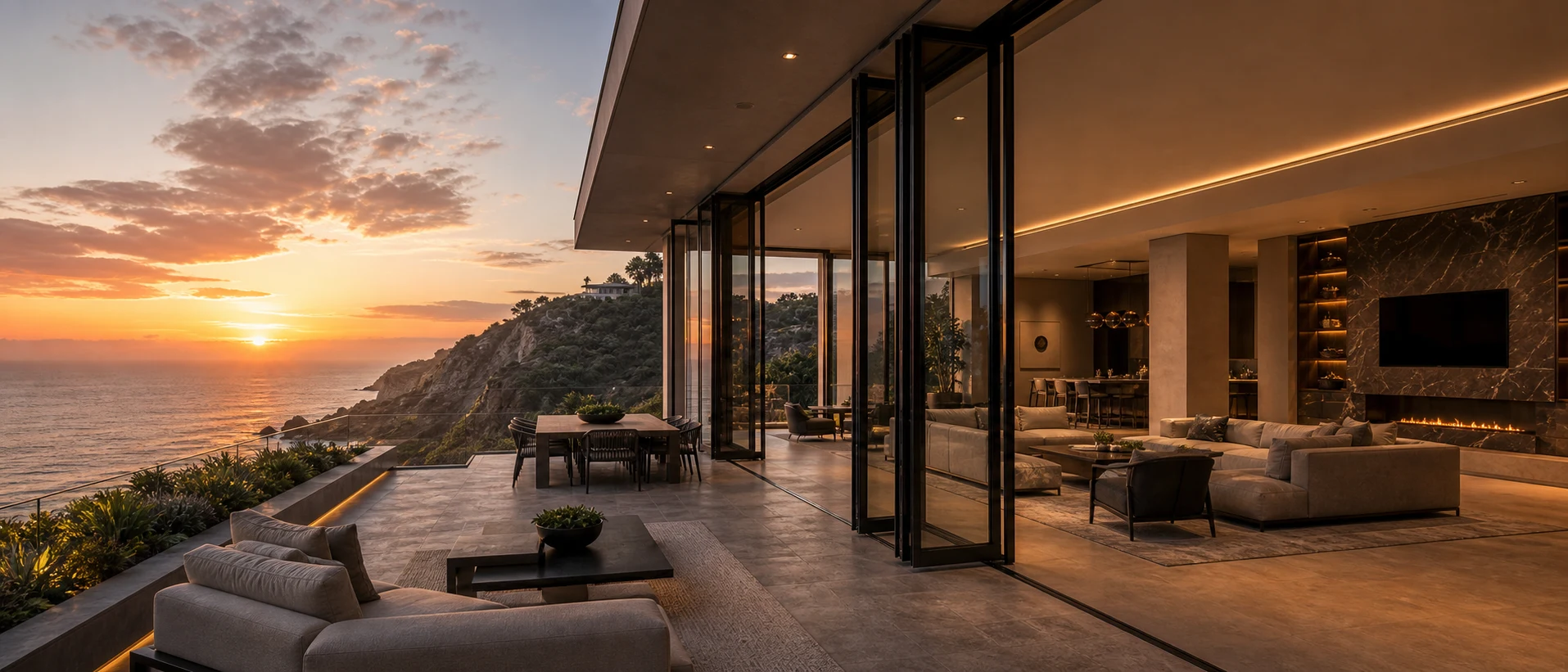 Ultra-large matte black LIKI folding glass panels at a cliffside villa