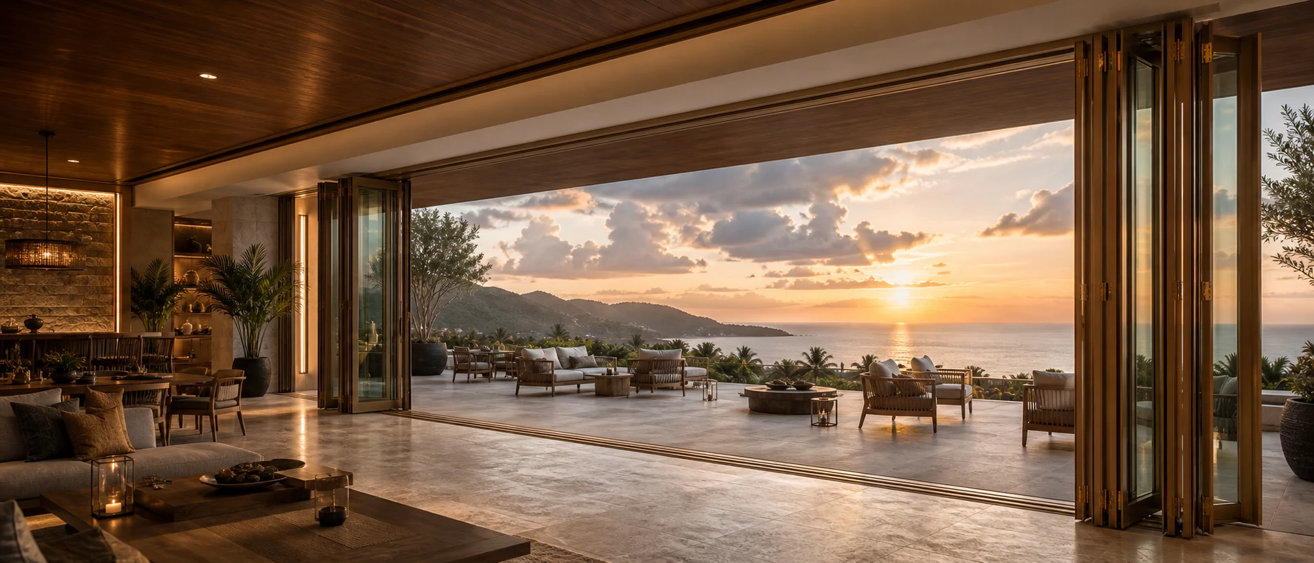 Extra-large champagne bronze LIKI folding glass panels in a hospitality pavilion