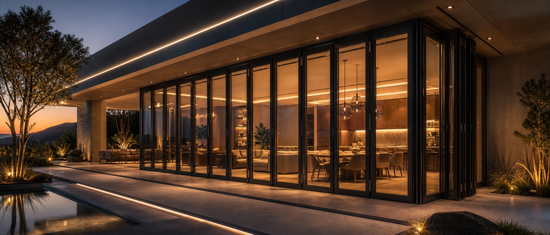 Oversized graphite grey LIKI folding glass panels glowing at dusk