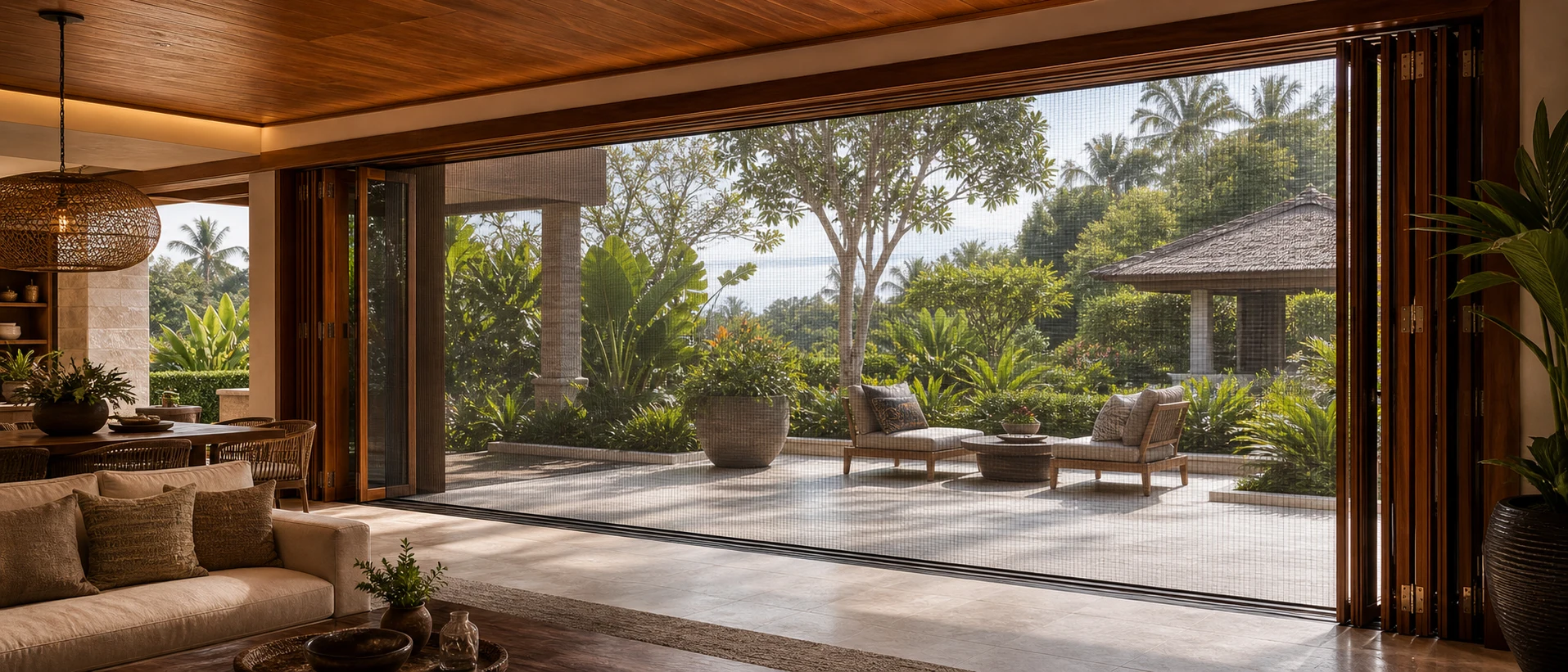 High-transparency integrated insect screen deployed across a LIKI folding glass wall opening