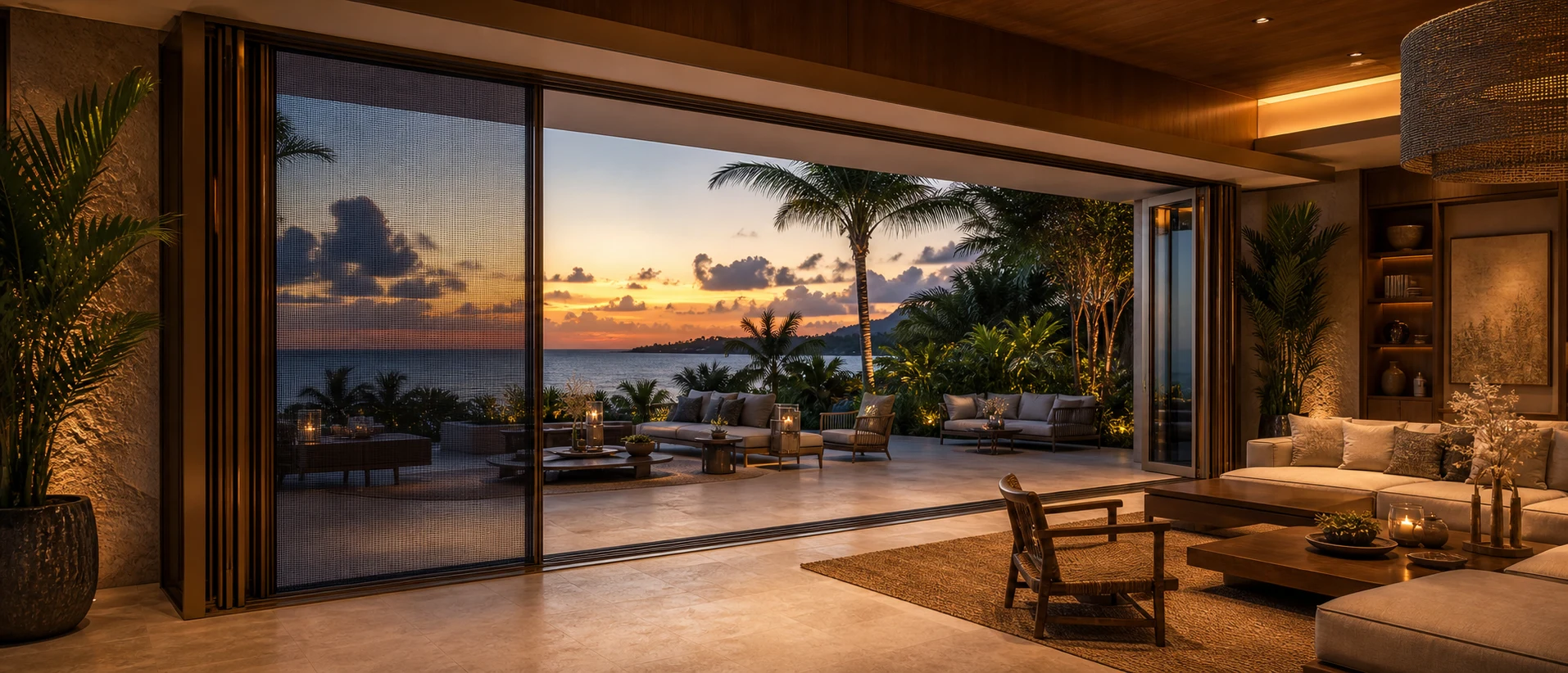 Partially deployed integrated insect screen in a luxury resort folding glass wall opening