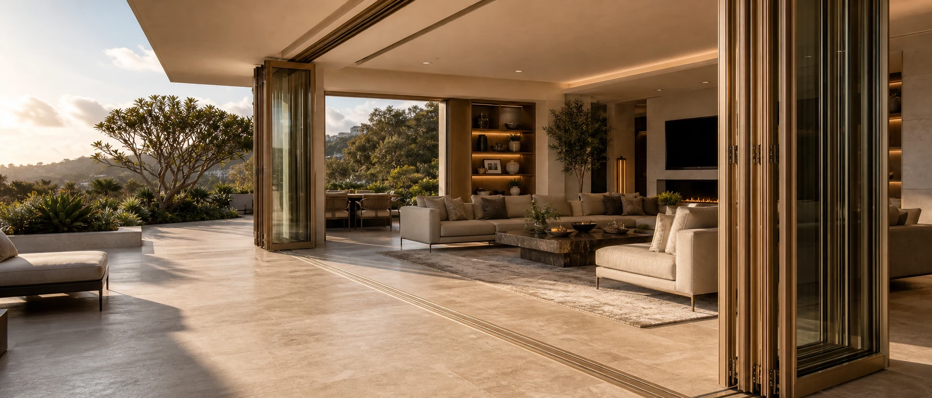 Champagne bronze LIKI folding glass wall with seamless flush floor transition