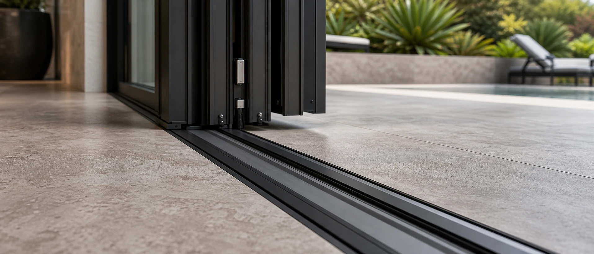 Close-up of recessed graphite grey LIKI folding door track integrated into stone flooring